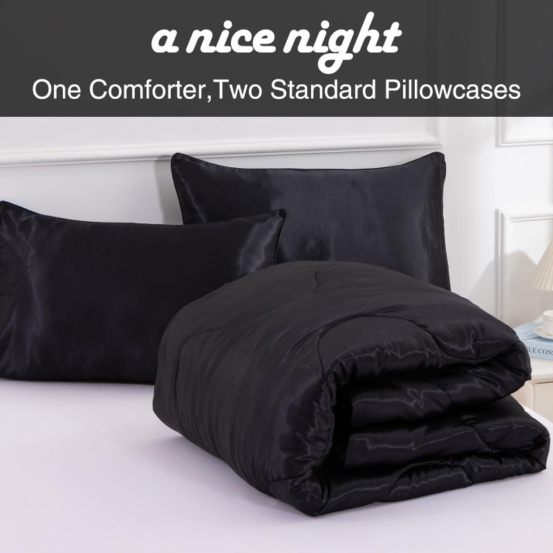 A Nice Night Satin Silky Soft Quilt Luxury Super Soft Microfiber Bedding Comforter Set, Light Weighted (Black, Twin) - Image 2